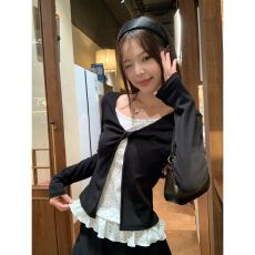 260克人棉黑色假两件v领长袖T恤女秋季设计感修身花边上衣