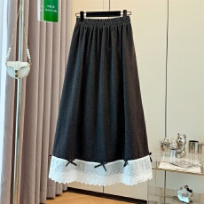 批发跨境专供2025年秋季新款文艺宽松显瘦高腰花边拼接牛仔A字长裙女