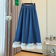 批发跨境专供2025秋冬季新款法式复古松紧腰蕾丝花边拼接中长款半身裙