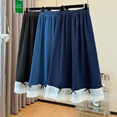 批发跨境专供秋新款胖MM松紧腰宽松休闲直筒显瘦蕾丝拼接牛仔中长裙女