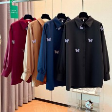 批发跨境专供<b class='q'>胖</b><b class='q'>MM</b><b class='q'>大码</b>高级感时尚刺绣长袖衬衫女春秋宽松显瘦翻领上衣