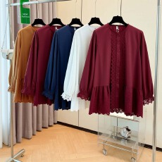 批发跨境专供长袖衬衫女2025春秋新款<b class='q'>胖妹妹</b>设计感小众蕾丝拼接上衣