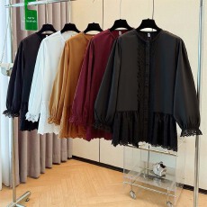 批发跨境专供<b class='q'>大码</b>秋2025新款法式蕾丝拼接长袖衬衫女<b class='q'>胖</b><b class='q'>mm</b><b class='q'>宽松</b>减龄上衣