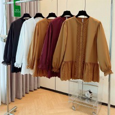 批发跨境专供春秋季新款<b class='q'>甜美</b>小清新圆领蕾丝拼接镂空设计长袖宽松衬衫