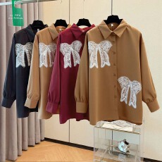 批发跨境专供法式衬衫<b class='q'>胖</b><b class='q'>mm</b>2025秋新款长袖衬衣外套时尚蝴蝶结宽松上衣