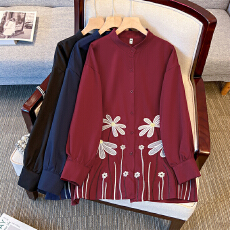 批发跨境专供东南亚爆款复古绣花纯色<b class='q'>衬衣</b>长袖立体提花宽松小众上衣女