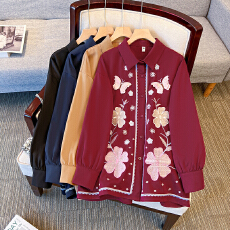 批发跨境专供东南亚爆款中式上衣女秋季仿真丝刺绣拼接国潮风长袖<b class='q'>衬衫</b>