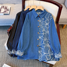 批发跨境专供东南亚爆款蓝色高端新中式国风复古重工民族长袖衬衫上衣