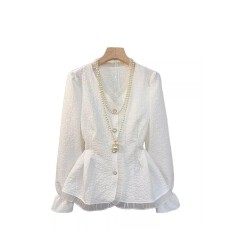 批发跨境专供东南亚爆款2025年春秋新款温柔风木耳边v领<b class='q'>雪纺</b>显瘦衬衫