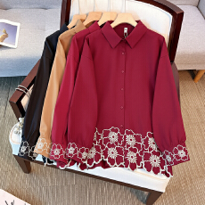 批发跨境专供东南亚爆款时尚简约通勤刺绣荷叶边重磅仿真丝长袖<b class='q'>衬衫</b>女