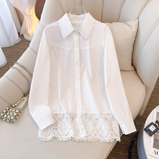 批发跨境专供长袖<b class='q'>衬衫</b>春新款胖妹妹设计感小众<b class='q'>蕾丝</b>拼接上衣<b class='q'>衬衣</b>高级感