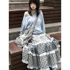 批发跨境专供东南亚爆款拼接格子蛋糕裙<b class='q'>秋</b>季高腰蕾丝长裙设计感半身裙