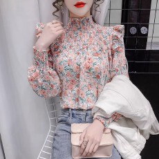 批发跨境专供东南亚爆款2026春秋碎花<b class='q'>雪纺衫</b>上衣女立领<b class='q'>泡泡袖</b>百搭衬衫