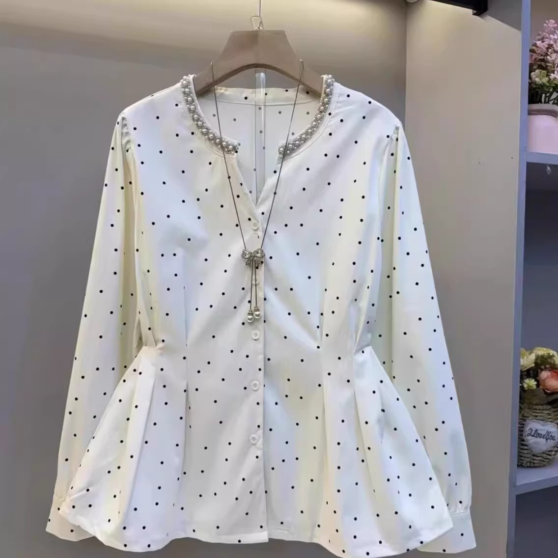 大码春秋款韩系波点长袖衬衫女胖...