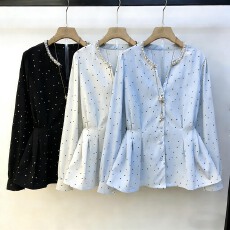 批发大码女2026年春季新款微<b class='q'>胖</b>mm<b class='q'>镶钻</b>褶皱洋气V领长袖别致气质衬衫潮