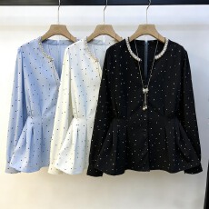 批发大码女2026年春季新款微<b class='q'>胖</b>mm<b class='q'>镶钻</b>褶皱洋气V领长袖别致气质衬衫潮