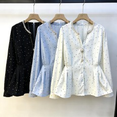 批发大码女2026年春季新款微<b class='q'>胖</b>mm<b class='q'>镶钻</b>褶皱洋气V领长袖别致气质衬衫潮