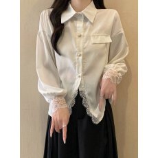 批发蕾丝拼接白色长袖衬衫女装春秋2026大码<b class='q'>胖</b>mm<b class='q'>高级</b>设计感打底上衣潮