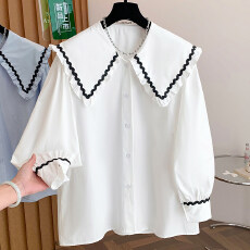 批发法式撞色娃娃领衬衫女士休闲简约灯笼袖开衫2026春季大码<b class='q'>胖</b>mm<b class='q'>衬衣</b>