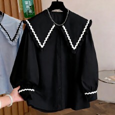 批发法式撞色娃娃领衬衫女士休闲简约灯笼袖开衫2026春季大码<b class='q'>胖</b>mm<b class='q'>衬衣</b>