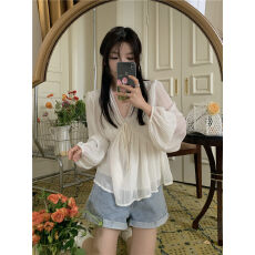 批发V领蕾丝<b class='q'>雪纺衫女</b>2026夏季防晒衣韩系长袖空调衫上衣显瘦气质小衫