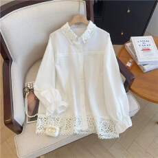 批发洋气蕾丝长袖衬衫2026春季新款大码女装<b class='q'>胖</b>mm<b class='q'>显瘦</b>遮肚白色衬衣上衣