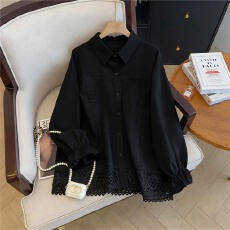 批发洋气蕾丝长袖衬衫2026春季新款大码女装<b class='q'>胖</b>mm<b class='q'>显瘦</b>遮肚黑色衬衣上衣