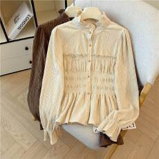 批发法式褶皱木耳边喇叭袖衬衫女秋季新款<b class='q'>超</b>仙荷叶边开衫显瘦裙摆上衣