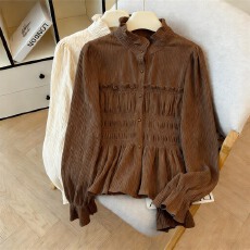 批发法式褶皱木耳边喇叭袖衬衫女秋季新款<b class='q'>超</b>仙荷叶边开衫显瘦裙摆上衣