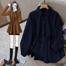 批发荷叶边收腰衬衫女春秋叠穿内搭微<b class='q'>胖</b>大码宽松巨显瘦遮肚子别致上衣