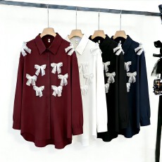 批发2026春季立体蝴蝶结装饰<b class='q'>长袖</b>衬衫上衣女大码宽松减龄甜美衬衣<b class='q'>外套</b>