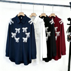 批发2026春季立体蝴蝶结装饰<b class='q'>长袖</b>衬衫上衣女大码宽松减龄甜美衬衣<b class='q'>外套</b>