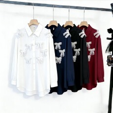 批发2026春季立体蝴蝶结装饰<b class='q'>长袖</b>衬衫上衣女大码宽松减龄甜美衬衣<b class='q'>外套</b>