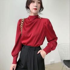 批发法式立领<b class='q'>衬衫</b>女2026春秋新款宽松高级感长袖<b class='q'>衬衣</b>缎面醋酸高端上衣