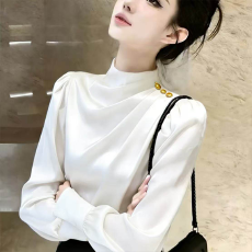 批发法式立领<b class='q'>衬衫</b>女2026春秋新款宽松高级感长袖<b class='q'>衬衣</b>缎面醋酸高端上衣