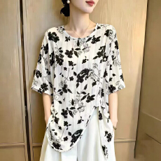 批发洋气减龄碎花短袖T恤女夏新款大码胖mm宽松遮肚雪纺衫不规则上衣