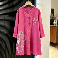 批发跨境刺绣棉麻衬衫裙女长袖<b class='q'>春</b>秋百搭文艺套头中长款宽松衬衣