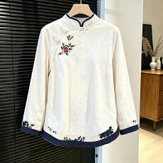 批发跨境绣花盘扣上衣立领中式茶服<b class='q'>春</b>秋新款复古蓝边拼接唐装