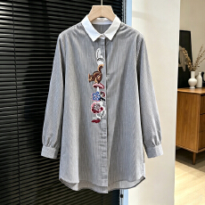 批发跨境中长款大码条纹刺绣衬衫<b class='q'>春</b>女装新款百搭休闲宽松棉麻衬衣
