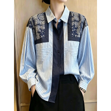 批发跨境<b class='q'>春</b>秋大码设计感印花拼接条纹长袖衬衫宽松中国风复古衬衣