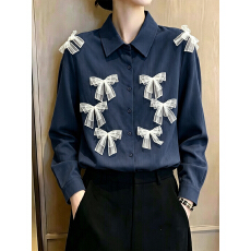 批发2026春秋立体蝴蝶结装饰长袖衬衫上衣女大码宽松减龄<b class='q'>甜美</b>衬衣外套