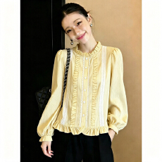 批发<b class='q'>甜美</b>学院风木耳蓝条纹长袖衬衫女春2026宽松减龄单排扣别致上衣