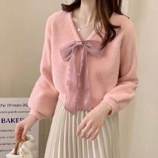 批发已出货<b class='q'>V领</b>仿水貂蝴蝶结毛衣女秋冬甜美小个子短款开衫宽粉色上衣