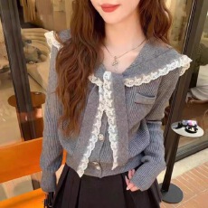 批发已出货法式针织蕾丝拼接娃娃海军甜美毛衣开衫新款减龄针织衫上衣