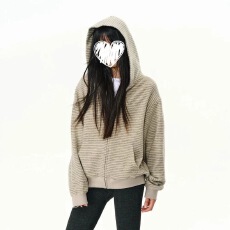 批发已出货美式覆古<b class='q'>条纹</b>拉炼<b class='q'>开衫</b>连帽男女款秋季小众设计感休闲短款