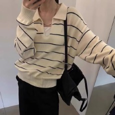 批发法式复古翻领<b class='q'>长袖</b>针织衫女春秋新款撞色条纹简约时尚百搭套头上衣