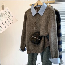 批发可路莎学院风灰色假两件polo领衬衫毛衣女秋冬宽松慵懒风气质上衣