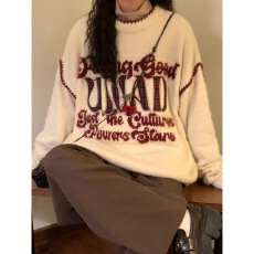 批发秋季春秋美式复古高级宽松<b class='q'>潮牌</b>休闲刺绣甜辣针织衫圆领套头毛衣女