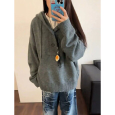 批发韩系慵懒风灰色连帽<b class='q'>宽松</b>外穿毛衣女秋冬2025新款针织卫衣外套<b class='q'>上衣</b>