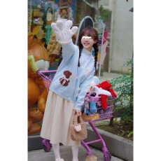 批发甜美小熊圆领提花毛衣针织开衫女春季新款<b class='q'>宽松</b>百搭可爱奶蓝色<b class='q'>上衣</b>